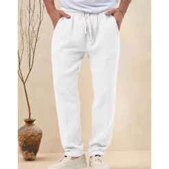 Men's Trousers Beach Shorts Casual Pants Seersucker Pants Drawstring Elastic Waist Straight Leg Plain Comfort Breathable Daily Holiday Vacation Fashion Casual Black White