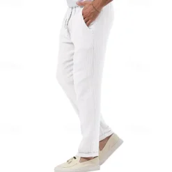Men's Trousers Beach Shorts Casual Pants Seersucker Pants Drawstring Elastic Waist Straight Leg Plain Comfort Breathable Daily Holiday Vacation Fashion Casual Black White