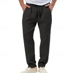 Men's Trousers Beach Shorts Casual Pants Seersucker Pants Drawstring Elastic Waist Straight Leg Plain Comfort Breathable Daily Holiday Vacation Fashion Casual Black White