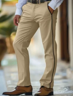 Men's Trousers Chinos Casual Pants Patchwork Front Pocket Solid Color Comfort Full Length Business Daily Holiday Fashion Chic & Modern White Khaki Stretchy