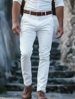 Men's Trousers Chinos Chino Pants Buttons Front Pocket Plain Comfort Business Daily Holiday Fashion Chic & Modern Black White Micro-elastic