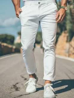Men's Trousers Chinos Chino Pants Casual Pants Front Pocket Plain Comfort Soft Full Length Outdoor Casual Daily Fashion Streetwear Black White Micro-elastic