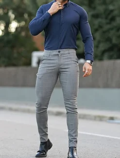 Men's Trousers Chinos Chino Pants Plaid Dress Pants Pocket Plaid Plain Comfort Breathable Outdoor Daily Going out Fashion Streetwear Black Grey