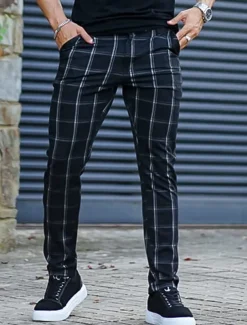 Men's Trousers Chinos Chino Pants Plaid Dress Pants Pocket Plaid Plain Comfort Breathable Outdoor Daily Going out Fashion Streetwear Black Grey