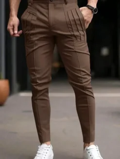 Men's Trousers Chinos Chino Pants Casual Pants Pocket Elastic Waist Pleats Plain Comfort Soft Full Length Outdoor Daily Going out Fashion Streetwear Black Blue Micro-elastic