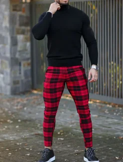 Men's Trousers Chinos Chino Pants Plaid Dress Pants Pocket Plaid Comfort Breathable Outdoor Daily Going out Fashion Streetwear White Red