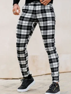 Men's Trousers Chinos Chino Pants Plaid Dress Pants Pocket Plaid Comfort Breathable Outdoor Daily Going out Fashion Streetwear White Red