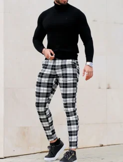 Men's Trousers Chinos Chino Pants Plaid Dress Pants Pocket Plaid Comfort Breathable Outdoor Daily Going out Fashion Streetwear White Red