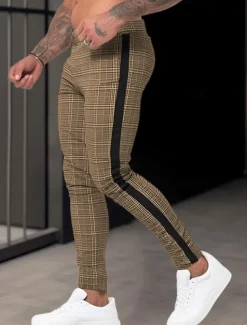Men's Trousers Chinos Summer Pants Casual Pants Front Pocket Zip Leg Grid / Plaid Comfort Breathable Business Casual Daily Fashion Basic Brown Khaki