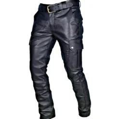Men's Trousers Faux Leather Pants Casual Pants Multi Pocket Solid Color Nightclub Streetwear Fashion Black Red