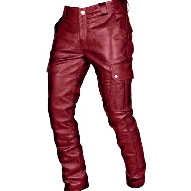 Men's Trousers Faux Leather Pants Casual Pants Multi Pocket Solid Color Nightclub Streetwear Fashion Black Red