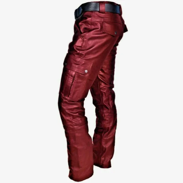 Men's Trousers Faux Leather Pants Casual Pants Multi Pocket Solid Color Nightclub Streetwear Fashion Black Red