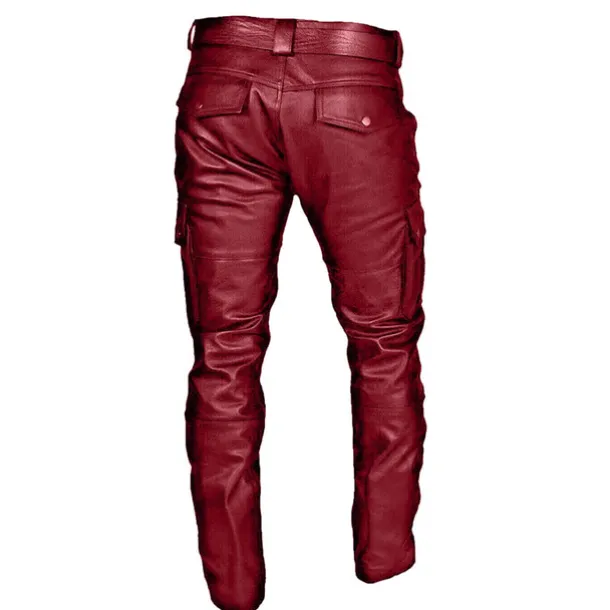 Men's Trousers Faux Leather Pants Casual Pants Multi Pocket Solid Color Nightclub Streetwear Fashion Black Red