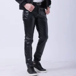 Men's Trousers Faux Leather Pants Casual Pants Pocket Straight Leg Plain Stretch Party Daily Wear Fashion Streetwear Black White