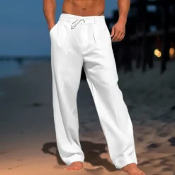 Men's Trousers Summer Pants Beach Pants Drawstring Pleats Straight Leg Plain Comfort Breathable Wedding Casual Daily Fashion Classic Style Black White