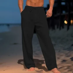Men's Trousers Summer Pants Beach Pants Drawstring Pleats Straight Leg Plain Comfort Breathable Wedding Casual Daily Fashion Classic Style Black White