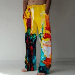 Men's Trousers Summer Pants Beach Pants Elastic Drawstring Design Front Pocket Straight Leg Graphic Prints Flame Comfort Soft Casual Daily For Vacation Linen Like Fabric Fashion Designer Yellow Blue