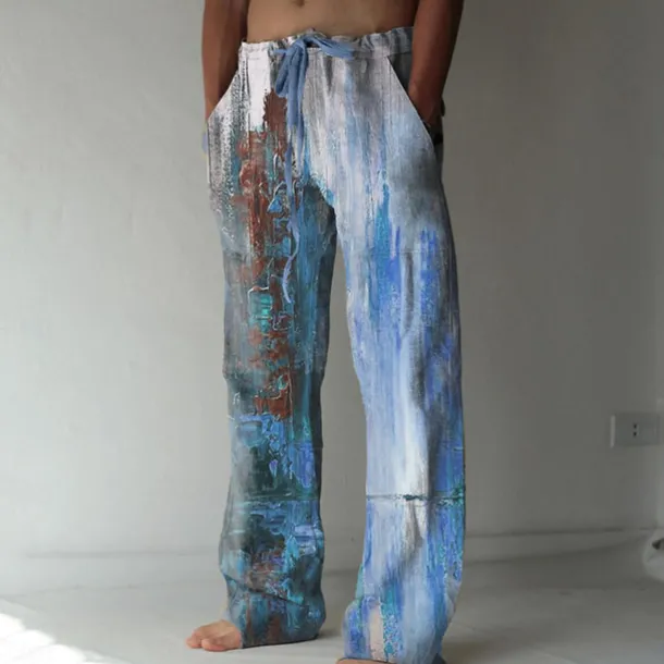 Men's Trousers Summer Pants Beach Pants Elastic Drawstring Design Front Pocket Straight Leg Graphic Prints Flame Comfort Soft Casual Daily For Vacation Linen Like Fabric Fashion Designer Yellow Blue