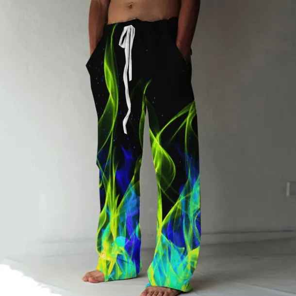 Men's Trousers Summer Pants Beach Pants Elastic Drawstring Design Front Pocket Straight Leg Graphic Prints Flame Comfort Soft Casual Daily For Vacation Linen Like Fabric Fashion Designer Yellow Blue