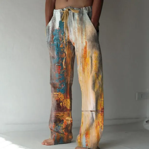 Men's Trousers Summer Pants Beach Pants Elastic Drawstring Design Front Pocket Straight Leg Graphic Prints Flame Comfort Soft Casual Daily For Vacation Linen Like Fabric Fashion Designer Yellow Blue