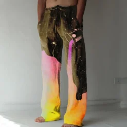 Men's Trousers Summer Pants Beach Pants Elastic Drawstring Design Front Pocket Straight Leg Graphic Prints Flame Comfort Soft Casual Daily For Vacation Linen Like Fabric Fashion Designer Yellow Blue