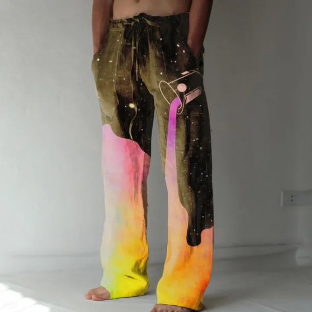 Men's Trousers Summer Pants Beach Pants Elastic Drawstring Design Front Pocket Straight Leg Graphic Prints Flame Comfort Soft Casual Daily For Vacation Linen Like Fabric Fashion Designer Yellow Blue