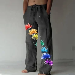 Men's Trousers Summer Pants Beach Pants Elastic Drawstring Design Front Pocket Straight Leg Graphic Prints Flower / Floral Comfort Soft Casual Daily For Vacation Linen Like Fabric Fashion Designer