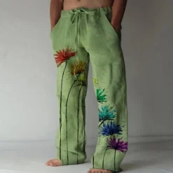 Men's Trousers Summer Pants Beach Pants Elastic Drawstring Design Front Pocket Straight Leg Graphic Prints Flower / Floral Comfort Soft Casual Daily For Vacation Linen Like Fabric Fashion Designer
