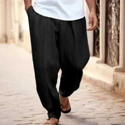 Men's Trousers Summer Pants Tapered Carrot Pants Beach Pants Front Pocket Pleats Plain Comfort Breathable Casual Daily Holiday Fashion Basic Black White