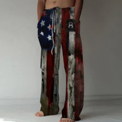 Men's Trousers Summer Pants Beach Pants Straight Elastic Drawstring Design Front Pocket Straight Leg Graphic Prints National Flag Comfort Soft Casual Daily For Vacation Linen Like Fabric Fashion