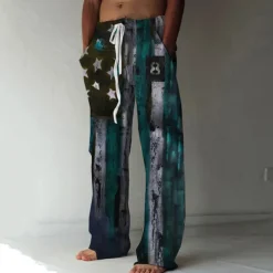 Men's Trousers Summer Pants Beach Pants Straight Elastic Drawstring Design Front Pocket Straight Leg Graphic Prints National Flag Comfort Soft Casual Daily For Vacation Linen Like Fabric Fashion