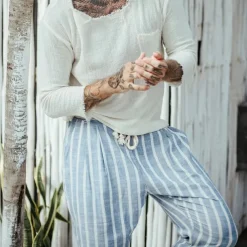 Men's Trousers Summer Pants Beach Pants Pocket Drawstring Elastic Waist Stripe Comfort Breathable Casual Daily Holiday Fashion Classic Style Navy Blue Blue