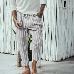 Men's Trousers Summer Pants Beach Pants Pocket Drawstring Elastic Waist Stripe Comfort Breathable Casual Daily Holiday Fashion Classic Style Navy Blue Blue
