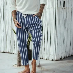 Men's Trousers Summer Pants Beach Pants Pocket Drawstring Elastic Waist Stripe Comfort Breathable Casual Daily Holiday Fashion Classic Style Navy Blue Blue