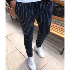 Men's Trousers Summer Pants Casual Pants Pocket Drawstring Elastic Waist Stripe Comfort Work Business Daily Fashion Classic Style Black Royal Blue Micro-elastic