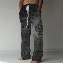 Men's Trousers Summer Pants Beach Pants Elastic Drawstring Design Front Pocket Straight Leg Graphic Prints Poker Comfort Soft Casual Daily Beach Linen Like Fabric Fashion Designer Blue Brown