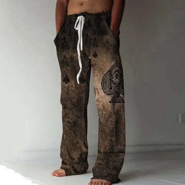 Men's Trousers Summer Pants Beach Pants Elastic Drawstring Design Front Pocket Straight Leg Graphic Prints Poker Comfort Soft Casual Daily Beach Linen Like Fabric Fashion Designer Blue Brown