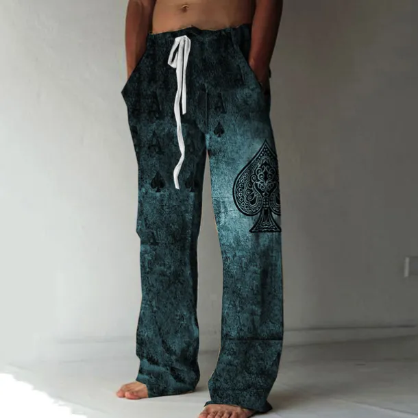 Men's Trousers Summer Pants Beach Pants Elastic Drawstring Design Front Pocket Straight Leg Graphic Prints Poker Comfort Soft Casual Daily Beach Linen Like Fabric Fashion Designer Blue Brown