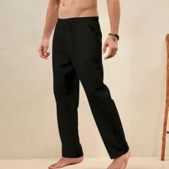 Men's Trousers Summer Pants Beach Pants Pocket Drawstring Straight Leg Plain Breathable Soft Full Length Home Casual Fashion Classic Loose Fit Black White Micro-elastic