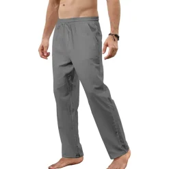 Men's Trousers Summer Pants Beach Pants Pocket Drawstring Straight Leg Plain Breathable Soft Full Length Home Casual Fashion Classic Loose Fit Black White Micro-elastic