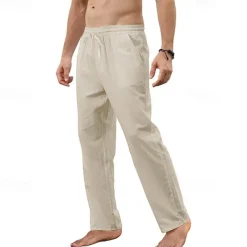 Men's Trousers Summer Pants Beach Pants Pocket Drawstring Straight Leg Plain Breathable Soft Full Length Home Casual Fashion Classic Loose Fit Black White Micro-elastic