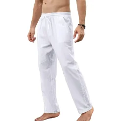 Men's Trousers Summer Pants Beach Pants Pocket Drawstring Straight Leg Plain Breathable Soft Full Length Home Casual Fashion Classic Loose Fit Black White Micro-elastic