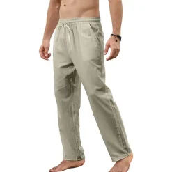 Men's Trousers Summer Pants Beach Pants Pocket Drawstring Straight Leg Plain Breathable Soft Full Length Home Casual Fashion Classic Loose Fit Black White Micro-elastic