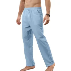 Men's Trousers Summer Pants Beach Pants Pocket Drawstring Straight Leg Plain Breathable Soft Full Length Home Casual Fashion Classic Loose Fit Black White Micro-elastic