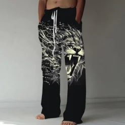 Men's Trousers Summer Pants Beach Pants Elastic Drawstring Design Front Pocket Straight Leg Animal Lion Graphic Prints Comfort Soft Casual Daily Fashion Designer Black Green