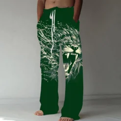 Men's Trousers Summer Pants Beach Pants Elastic Drawstring Design Front Pocket Straight Leg Animal Lion Graphic Prints Comfort Soft Casual Daily Fashion Designer Black Green