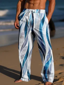 Men's Trousers Summer Pants Beach Pants Drawstring Elastic Waist 3D Print Color Block Graphic Prints Comfort Casual Daily Holiday Streetwear Hawaiian Light Green Red