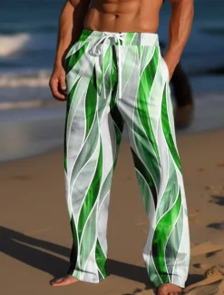 Men's Trousers Summer Pants Beach Pants Drawstring Elastic Waist 3D Print Color Block Graphic Prints Comfort Casual Daily Holiday Streetwear Hawaiian Light Green Red