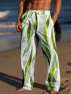 Men's Trousers Summer Pants Beach Pants Drawstring Elastic Waist 3D Print Color Block Graphic Prints Comfort Casual Daily Holiday Streetwear Hawaiian Light Green Red