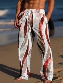 Men's Trousers Summer Pants Beach Pants Drawstring Elastic Waist 3D Print Color Block Graphic Prints Comfort Casual Daily Holiday Streetwear Hawaiian Light Green Red